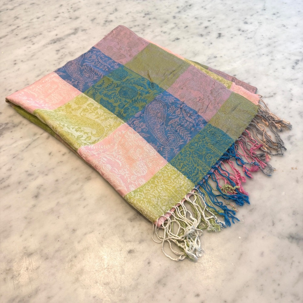 Pashmina Patchwork Paisley Scarf Shawl Wrap Pink Blue Green Fringed 65x26